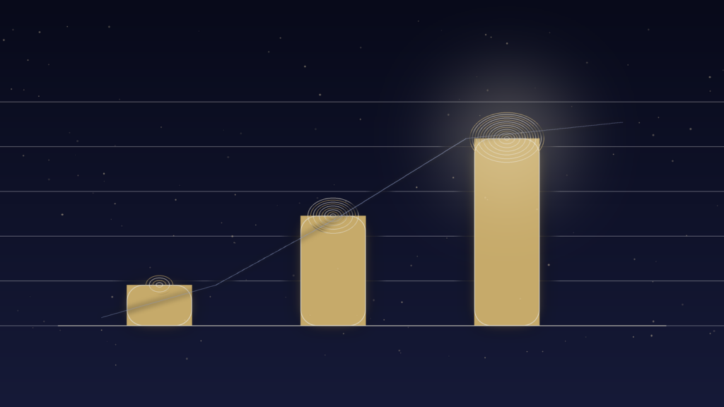 Ascending bar chart showing gamma brainwave activity increases with coherence rings, illustrating the dose-response relationship in scalar wave therapy