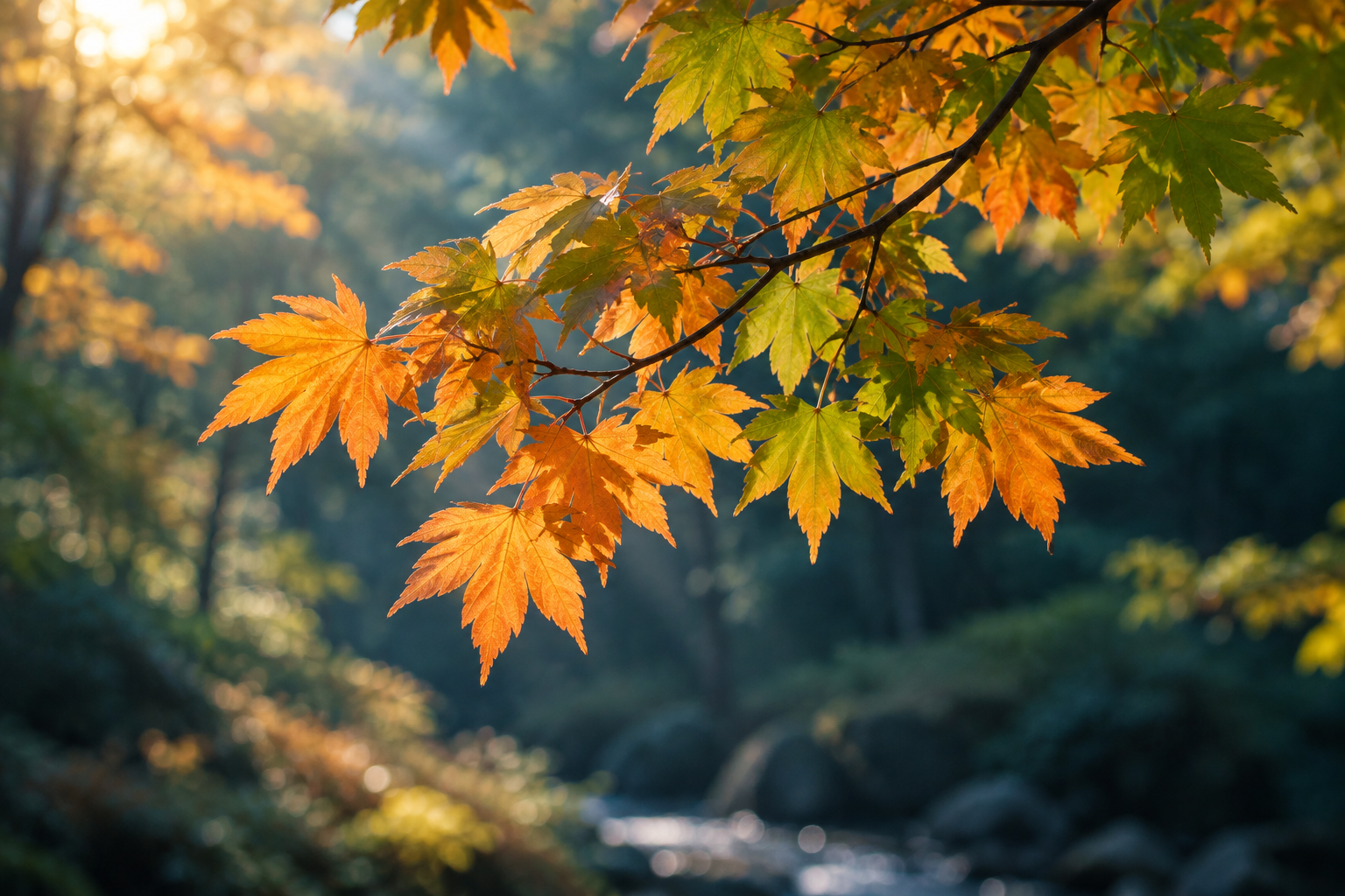 Green leaves turning golden orange in soft autumn morning light